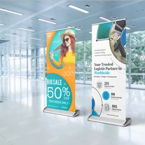 Luxury standee placed in a modern indoor setting – showcasing promotional offers and corporate branding by Acme Advertising Co.