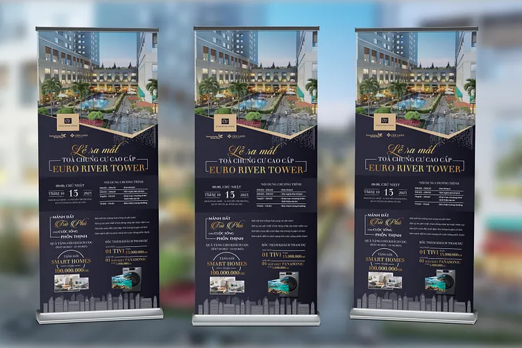 Three luxury standees for the Euro River Tower launch event, displaying high-rise real estate visuals and event information – designed by Acme Advertising Co.