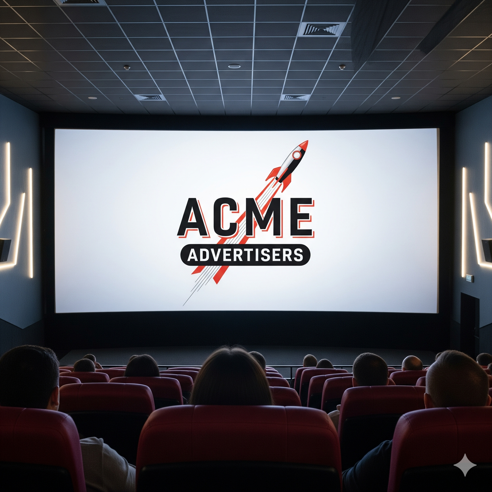 Audience viewing a large Cineplex screen displaying the "ACME ADVERTISERS" logo with a rocket graphic, showcasing cinema branding.