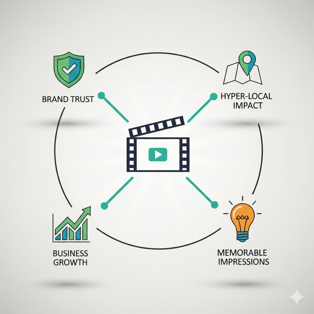 An infographic showing a central clapperboard and filmstrip icon with lines connecting to four other icons representing key business benefits: a shield for brand trust, a map pin for hyper-local impact, a lightbulb for memorable impressions, and a graph for business growth.