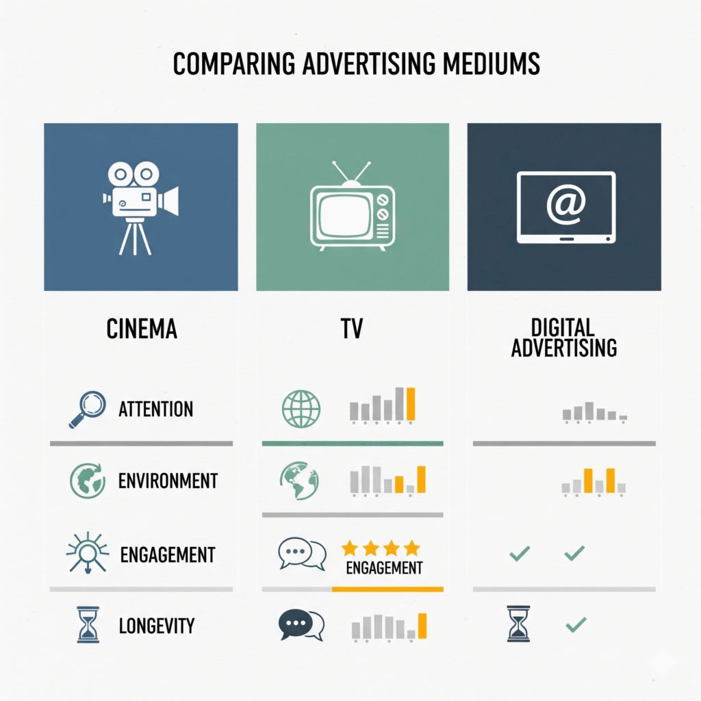 An infographic comparing cinema, TV, and digital advertising mediums. It uses icons and bar graphs to illustrate differences in attention, environment, engagement, and longevity for each, showing cinema's strengths.