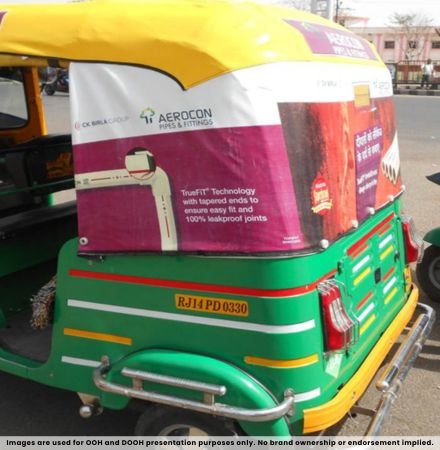 Auto rickshaw branding campaign with full rear vinyl advertisement wrap