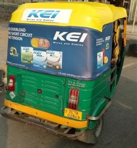 Auto rickshaw branding campaign with full rear vinyl advertisement wrap
